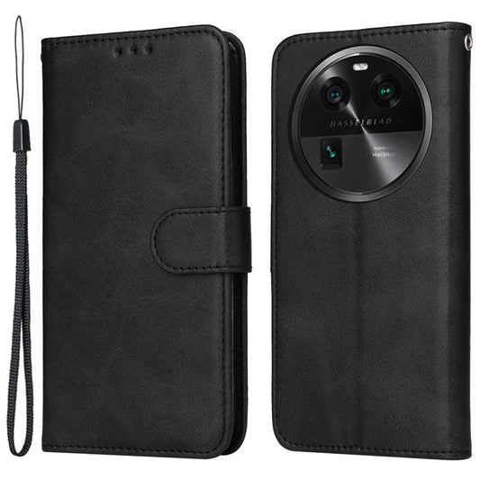 Leather Case for Oppo Find X6 Calf Texture Wallet Stand Shockproof Cell Phone Cover with Strap - Black