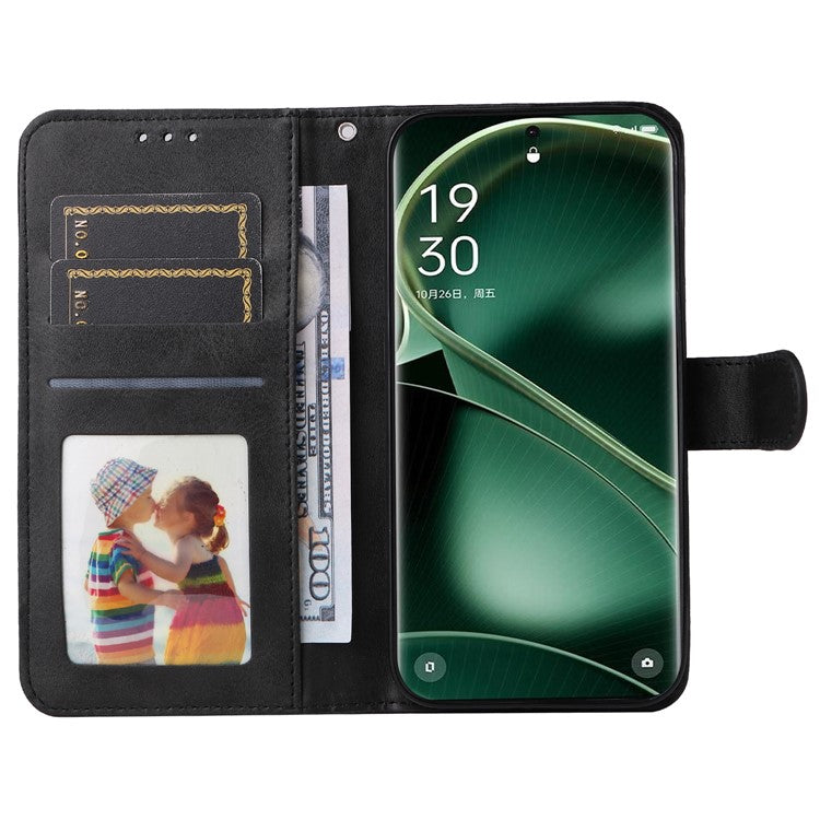 Leather Case for Oppo Find X6 Calf Texture Wallet Stand Shockproof Cell Phone Cover with Strap - Black