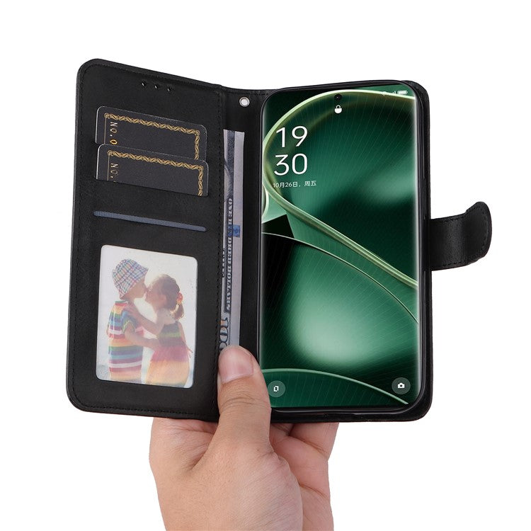 Leather Case for Oppo Find X6 Calf Texture Wallet Stand Shockproof Cell Phone Cover with Strap - Black