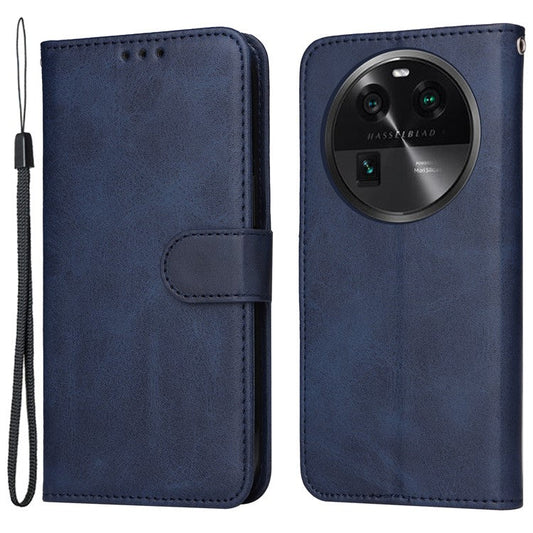 Leather Case for Oppo Find X6 Calf Texture Wallet Stand Shockproof Cell Phone Cover with Strap - Blue