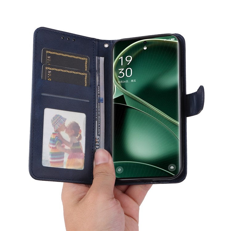 Leather Case for Oppo Find X6 Calf Texture Wallet Stand Shockproof Cell Phone Cover with Strap - Blue