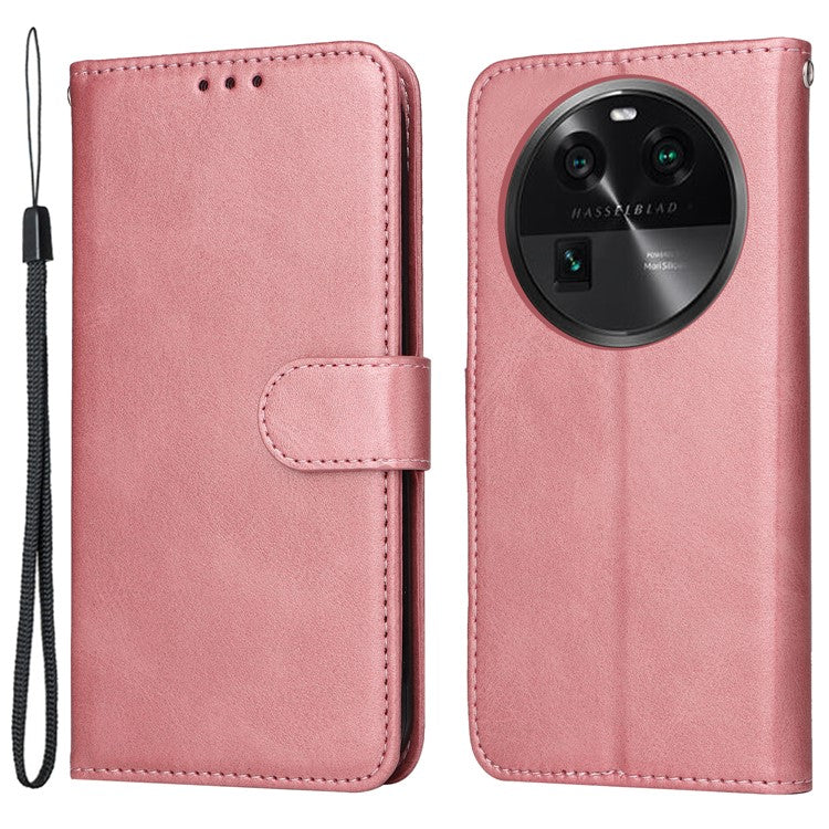 Leather Case for Oppo Find X6 Calf Texture Wallet Stand Shockproof Cell Phone Cover with Strap - Pink