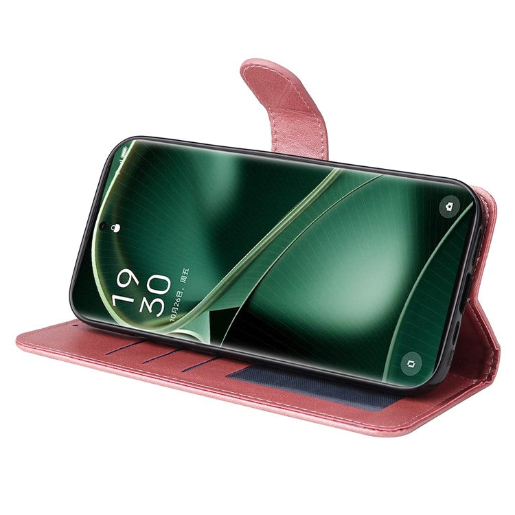 Leather Case for Oppo Find X6 Calf Texture Wallet Stand Shockproof Cell Phone Cover with Strap - Pink