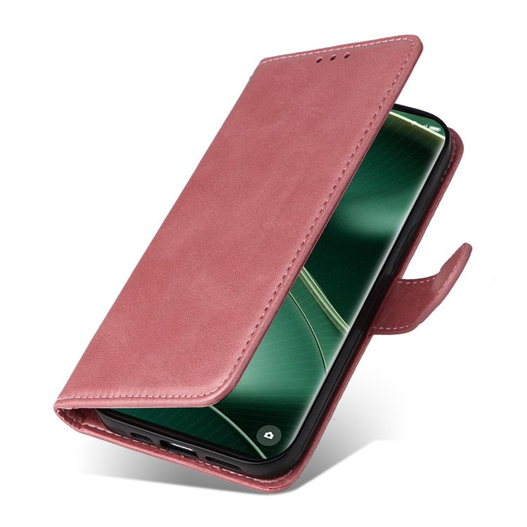 Leather Case for Oppo Find X6 Calf Texture Wallet Stand Shockproof Cell Phone Cover with Strap - Pink