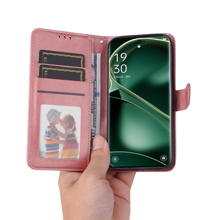 Leather Case for Oppo Find X6 Calf Texture Wallet Stand Shockproof Cell Phone Cover with Strap - Pink