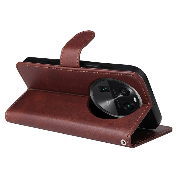 Leather Case for Oppo Find X6 Calf Texture Wallet Stand Shockproof Cell Phone Cover with Strap - Brown