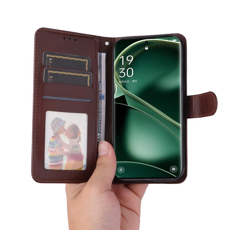 Leather Case for Oppo Find X6 Calf Texture Wallet Stand Shockproof Cell Phone Cover with Strap - Brown