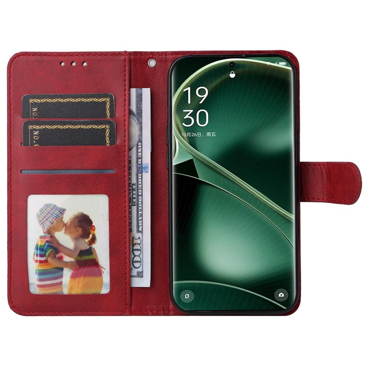 Leather Case for Oppo Find X6 Calf Texture Wallet Stand Shockproof Cell Phone Cover with Strap - Red