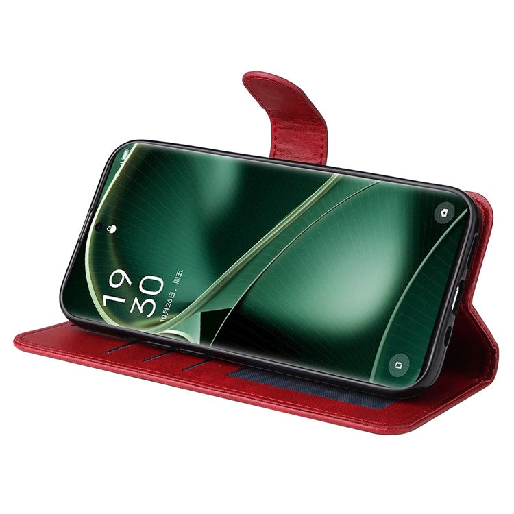 Leather Case for Oppo Find X6 Calf Texture Wallet Stand Shockproof Cell Phone Cover with Strap - Red