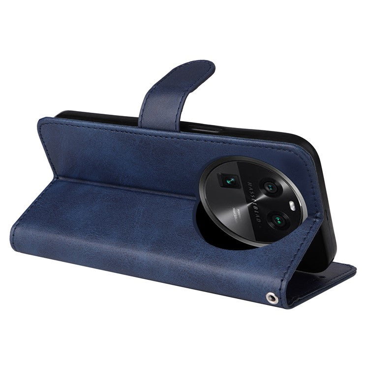 Shockproof Leather Case for Oppo Find X6 Pro Calf Texture Wallet Stand Cell Phone Cover with Strap - Blue