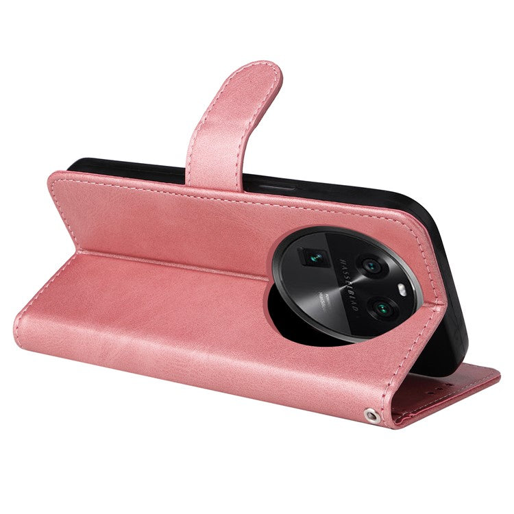 Shockproof Leather Case for Oppo Find X6 Pro Calf Texture Wallet Stand Cell Phone Cover with Strap - Pink
