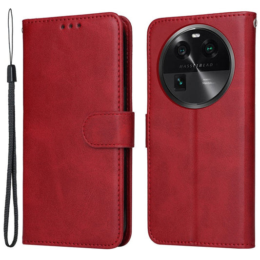 Shockproof Leather Case for Oppo Find X6 Pro Calf Texture Wallet Stand Cell Phone Cover with Strap - Red