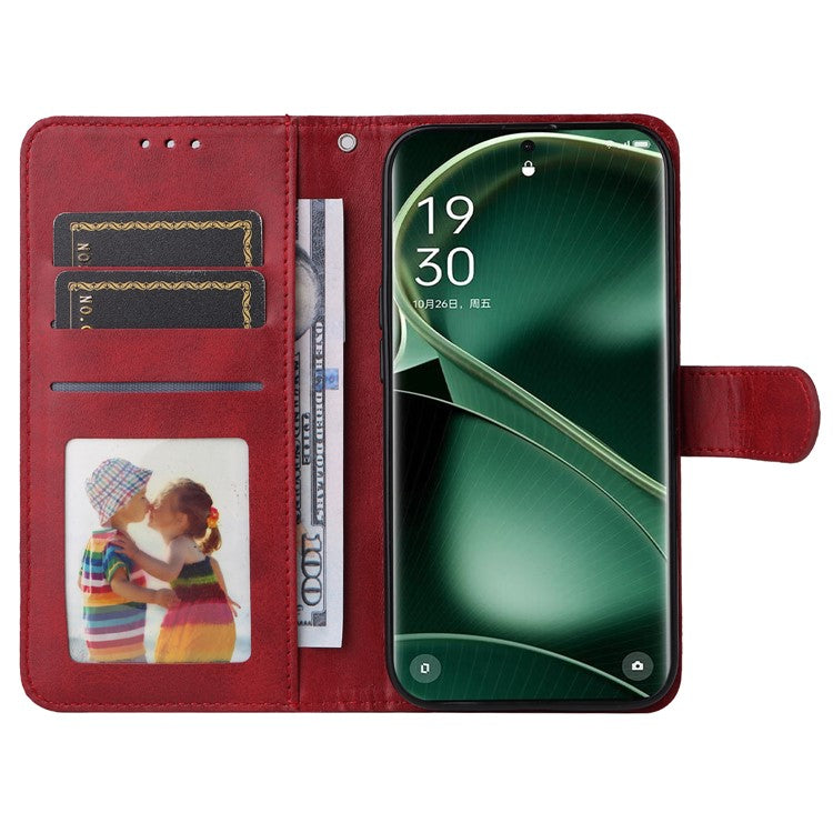 Shockproof Leather Case for Oppo Find X6 Pro Calf Texture Wallet Stand Cell Phone Cover with Strap - Red