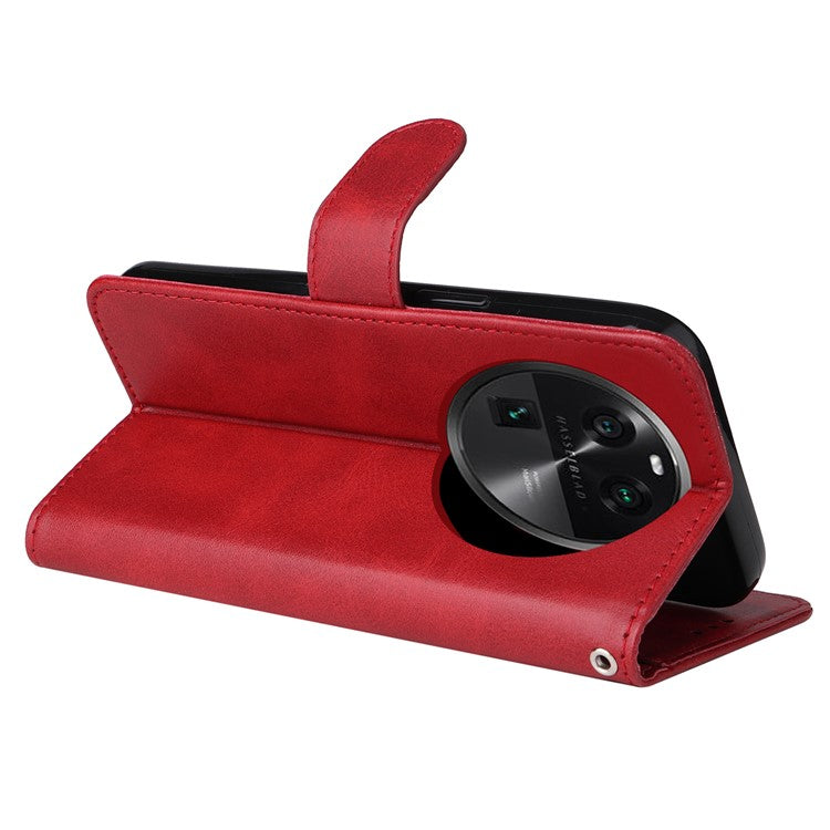 Shockproof Leather Case for Oppo Find X6 Pro Calf Texture Wallet Stand Cell Phone Cover with Strap - Red