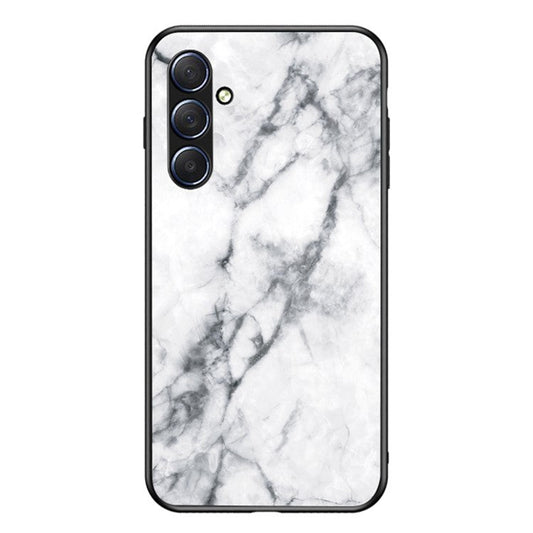 For Samsung Galaxy M54 5G / F54 5G Marble Pattern Phone Case Tempered Glass+PC+TPU Anti-Drop Cover - White Marble