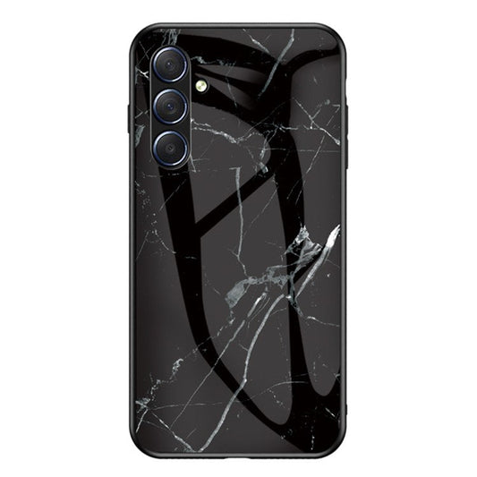 For Samsung Galaxy M54 5G / F54 5G Marble Pattern Phone Case Tempered Glass+PC+TPU Anti-Drop Cover - Black Marble