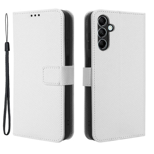 For Samsung Galaxy M54 5G / F54 5G PU Leather Magnetic Flip Case Diamond Texture Wallet Stand Phone Cover - White