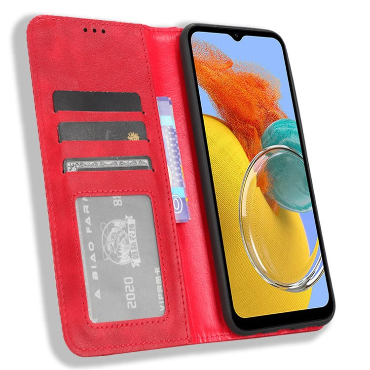 For Samsung Galaxy M54 5G / F54 5G PU Leather Vintage Magnetic Cover Stand Flip Wallet Phone Case - Red