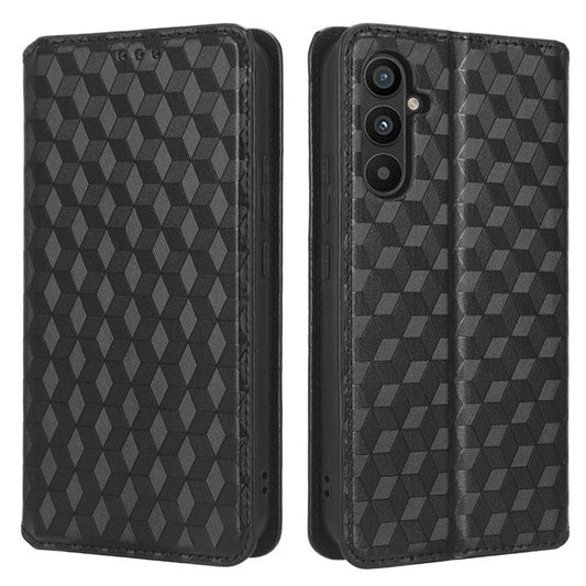 PU Leather Shell for Samsung Galaxy M54 5G / F54 5G Rhombus Imprinted Wallet Phone Case Flip Stand Cover - Black
