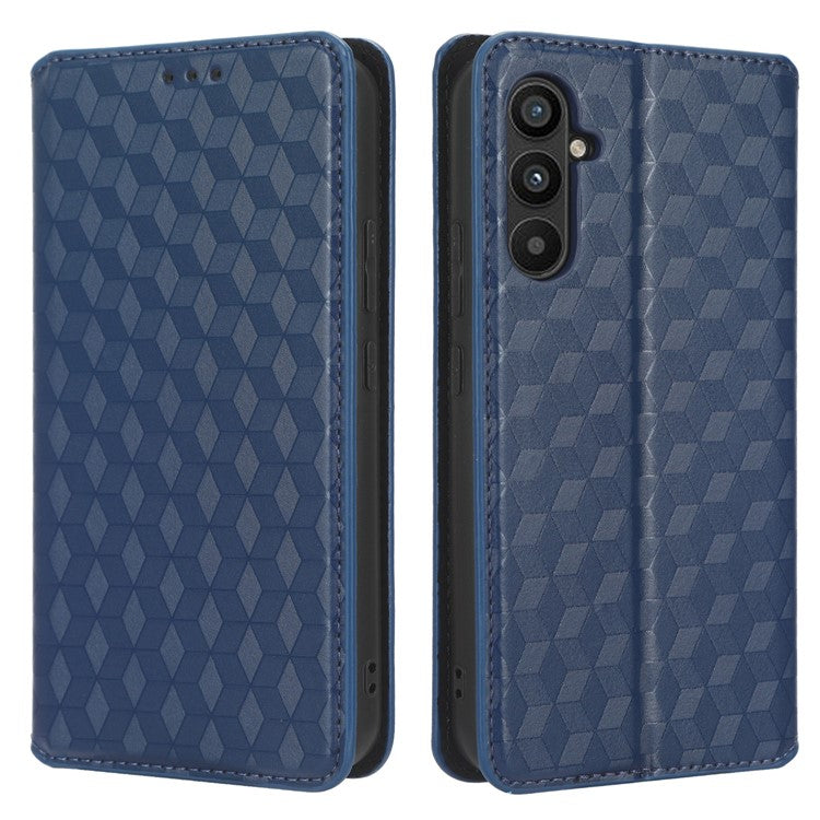 PU Leather Shell for Samsung Galaxy M54 5G / F54 5G Rhombus Imprinted Wallet Phone Case Flip Stand Cover - Blue