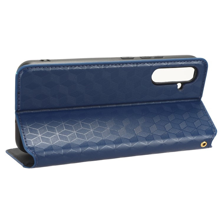 PU Leather Shell for Samsung Galaxy M54 5G / F54 5G Rhombus Imprinted Wallet Phone Case Flip Stand Cover - Blue