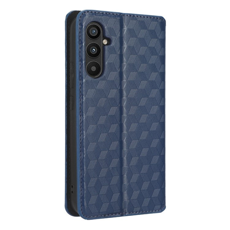 PU Leather Shell for Samsung Galaxy M54 5G / F54 5G Rhombus Imprinted Wallet Phone Case Flip Stand Cover - Blue