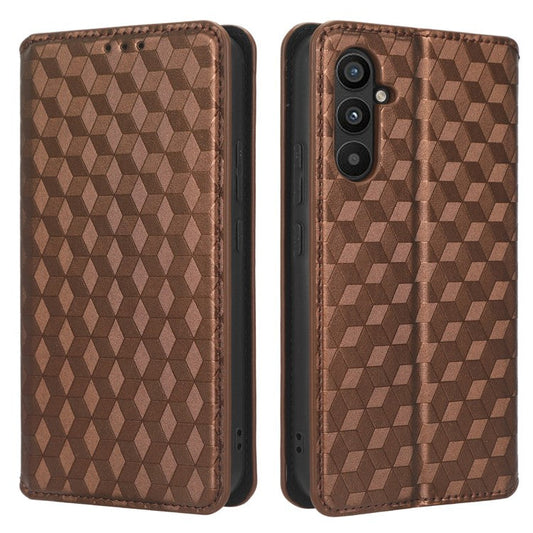 PU Leather Shell for Samsung Galaxy M54 5G / F54 5G Rhombus Imprinted Wallet Phone Case Flip Stand Cover - Brown