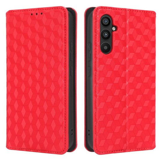 PU Leather Shell for Samsung Galaxy M54 5G / F54 5G Rhombus Imprinted Wallet Phone Case Flip Stand Cover - Red