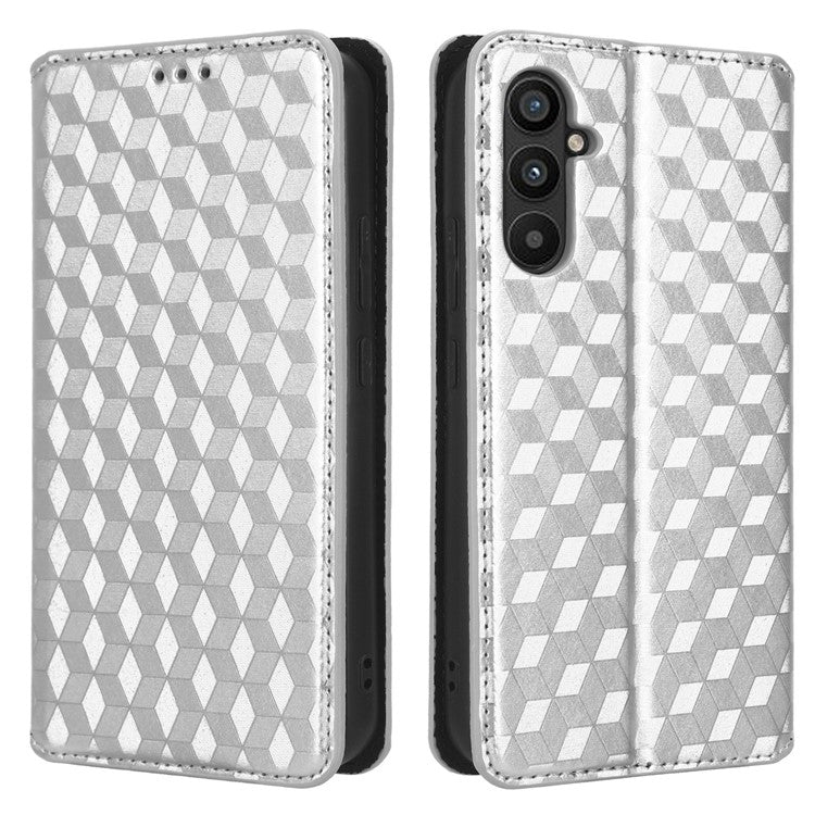 PU Leather Shell for Samsung Galaxy M54 5G / F54 5G Rhombus Imprinted Wallet Phone Case Flip Stand Cover - Silver