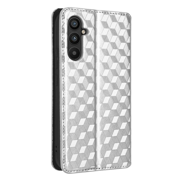 PU Leather Shell for Samsung Galaxy M54 5G / F54 5G Rhombus Imprinted Wallet Phone Case Flip Stand Cover - Silver
