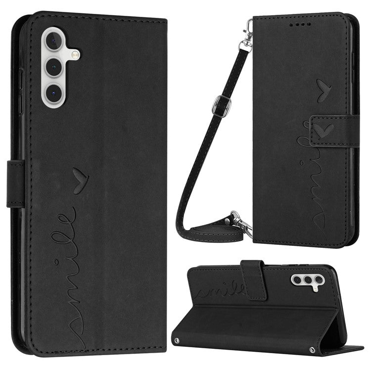 For Samsung Galaxy M14 5G / F14 5G Leather Case Heart Shape Stand Wallet Phone Cover with Shoulder Strap - Black