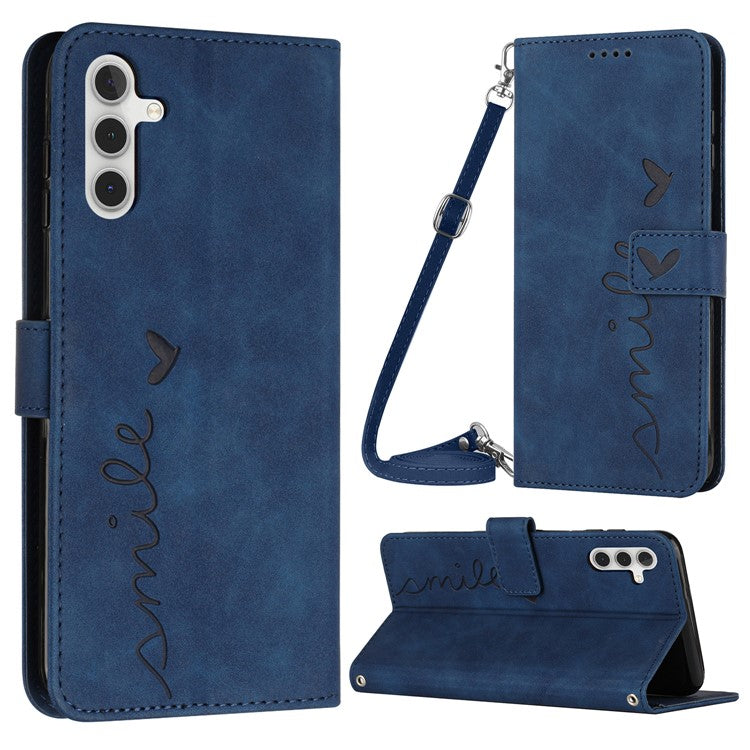 For Samsung Galaxy M14 5G / F14 5G Leather Case Heart Shape Stand Wallet Phone Cover with Shoulder Strap - Sapphire