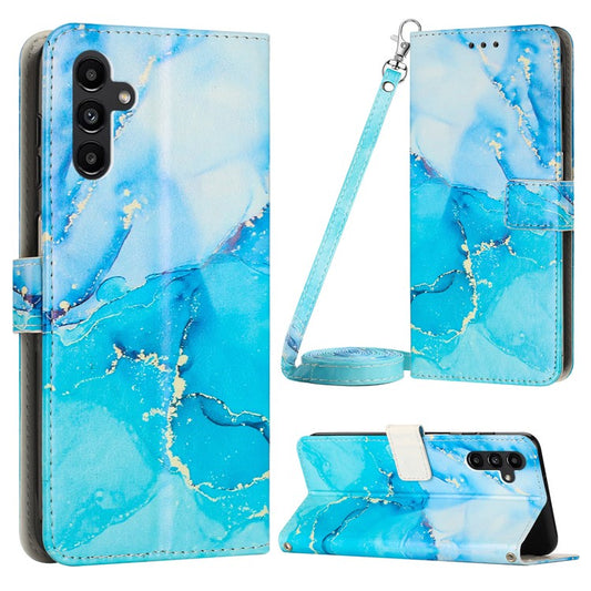 For Samsung Galaxy M14 5G PU Leather Wallet Phone Case Marble Pattern Stand Cover with Shoulder Strap - Blue / Green