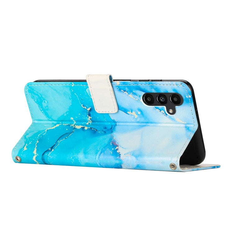 For Samsung Galaxy M14 5G PU Leather Wallet Phone Case Marble Pattern Stand Cover with Shoulder Strap - Blue / Green