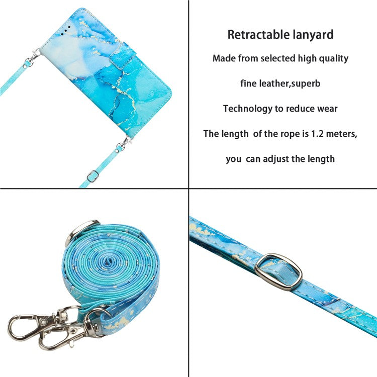 For Samsung Galaxy M14 5G PU Leather Wallet Phone Case Marble Pattern Stand Cover with Shoulder Strap - Blue / Green