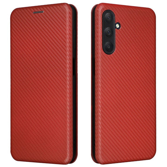For Samsung Galaxy M54 5G / F54 5G PU Leather Carbon Fiber Texture Phone Case Stand Card Slot Magnetic Cover - Brown