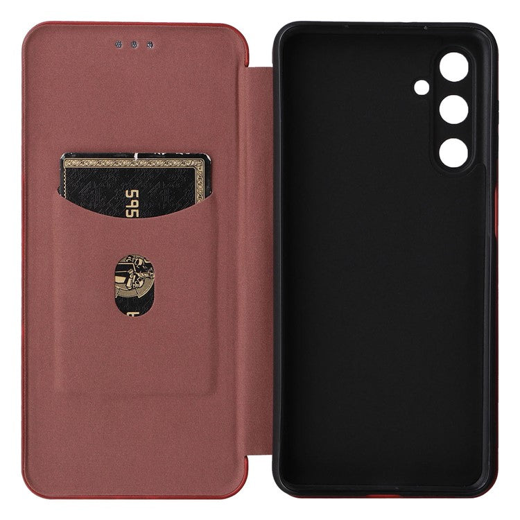 For Samsung Galaxy M54 5G / F54 5G PU Leather Carbon Fiber Texture Phone Case Stand Card Slot Magnetic Cover - Brown
