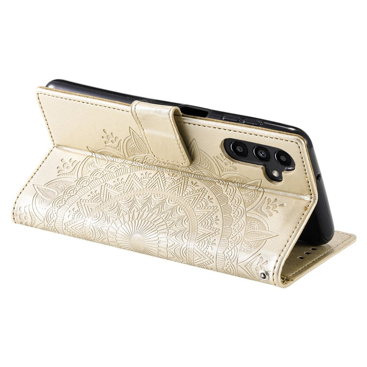 For Samsung Galaxy M54 5G / F54 5G Anti-Scratch PU Leather Wallet Phone Case Mandala Flower Pattern Stand Cover - Gold