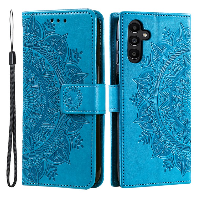 For Samsung Galaxy M54 5G / F54 5G Anti-Scratch PU Leather Wallet Phone Case Mandala Flower Pattern Stand Cover - Blue
