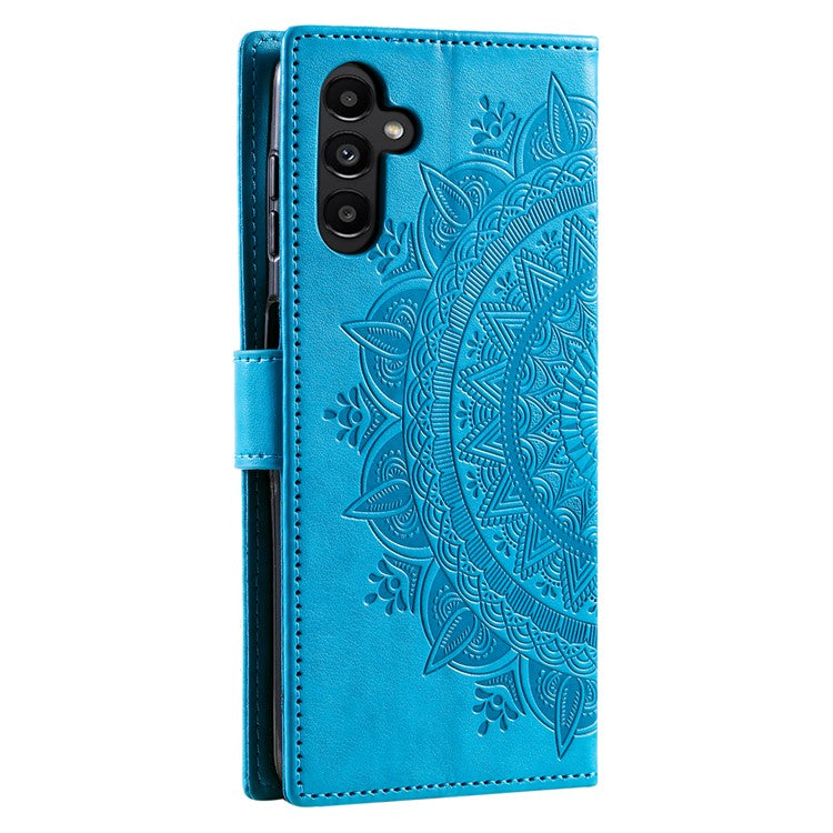 For Samsung Galaxy M54 5G / F54 5G Anti-Scratch PU Leather Wallet Phone Case Mandala Flower Pattern Stand Cover - Blue