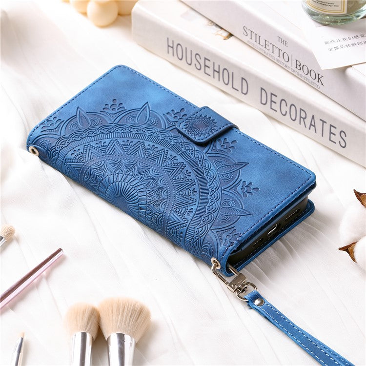 For Samsung Galaxy M54 5G / F54 5G Imprinted Phone Case Imprinted Mandala Flower Pattern PU Leather Stand Cover - Blue