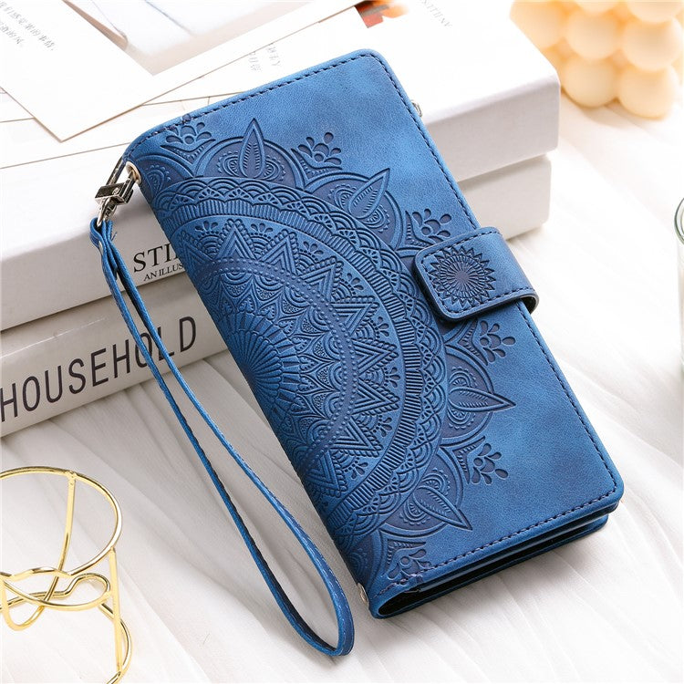 For Samsung Galaxy M54 5G / F54 5G Imprinted Phone Case Imprinted Mandala Flower Pattern PU Leather Stand Cover - Blue