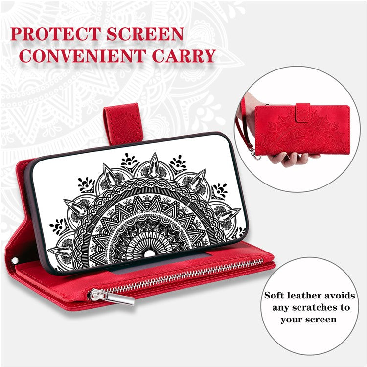 For Samsung Galaxy M54 5G / F54 5G Imprinted Phone Case Imprinted Mandala Flower Pattern PU Leather Stand Cover - Red