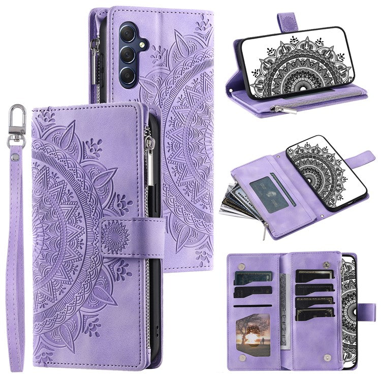 For Samsung Galaxy M54 5G / F54 5G Imprinted Phone Case Imprinted Mandala Flower Pattern PU Leather Stand Cover - Purple