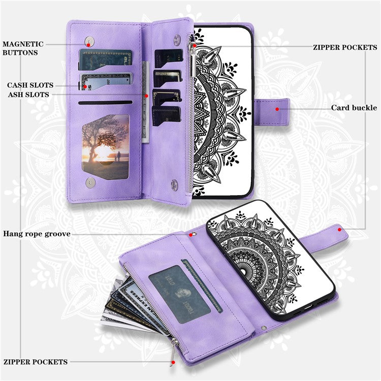 For Samsung Galaxy M54 5G / F54 5G Imprinted Phone Case Imprinted Mandala Flower Pattern PU Leather Stand Cover - Purple