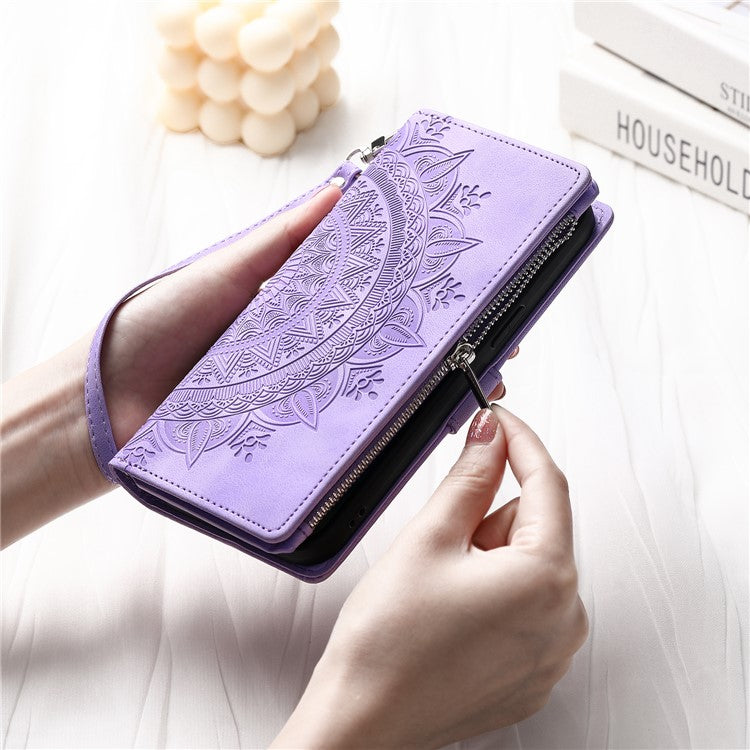 For Samsung Galaxy M54 5G / F54 5G Imprinted Phone Case Imprinted Mandala Flower Pattern PU Leather Stand Cover - Purple