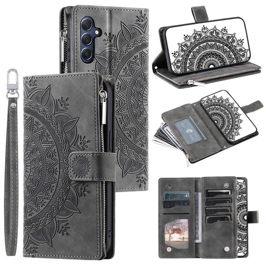 For Samsung Galaxy M54 5G / F54 5G Imprinted Phone Case Imprinted Mandala Flower Pattern PU Leather Stand Cover - Grey