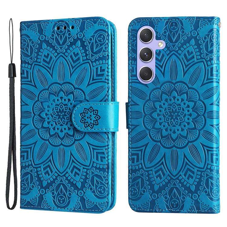 For Samsung Galaxy M54 5G / F54 5G PU Leather Flip Phone Case Sunflower Imprinted Stand Wallet Cover - Blue