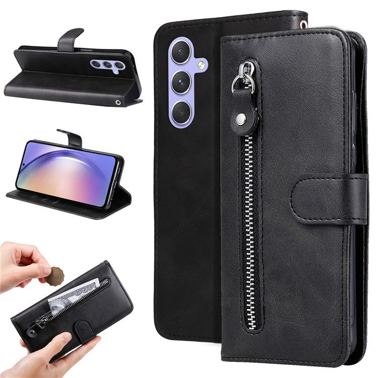 For Samsung Galaxy M54 5G / F54 5G PU Leather Zipper Pocket Phone Case Calf Texture Wallet Stand Cover - Black