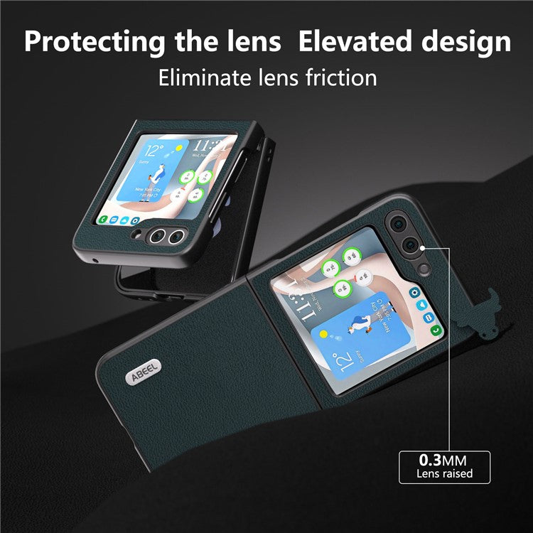 ABEEL For Samsung Galaxy Z Flip5 5G Genuine Cow Leather + PC Phone Case Ultra Thin Folding Cover - Green